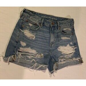 American Eagle Denim Shorts Womens 0 Mid Rise Tomgirl Distressed Medium Wash